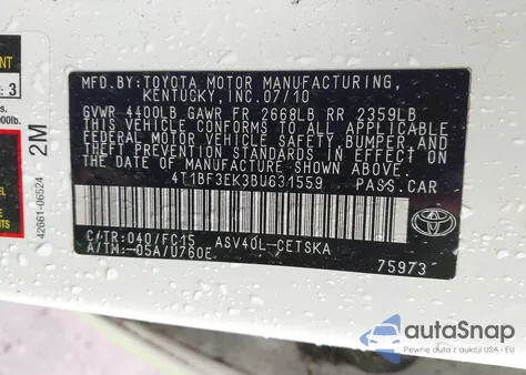2011 Toyota Camry Se from USA, damaged, VIN 4T1BF3EK3BU631559